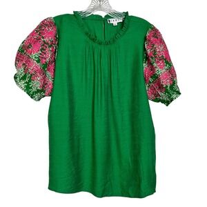 THML Green Blouse with Pink Floral Sleeves